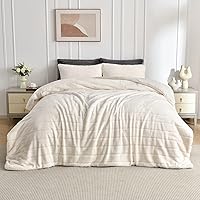 ENCOFT Ivory Comforter Set Queen, 3 Piece Super Soft Luxury Fluffy Flannel Velvet Queen Comforter, with 2 Pillowcase, Striped Pattern Thick Winter Comforter Queen Bed Set (Ivory White, 90
