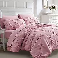 Ubauba 7pc Pink Queen Comforter Set, Pintuck Bed in a Bag Blush Bed Set with Comforters and Sheets 7 Piece, All Season Pinched Bedding Sets for Women (Pink,Queen Size)