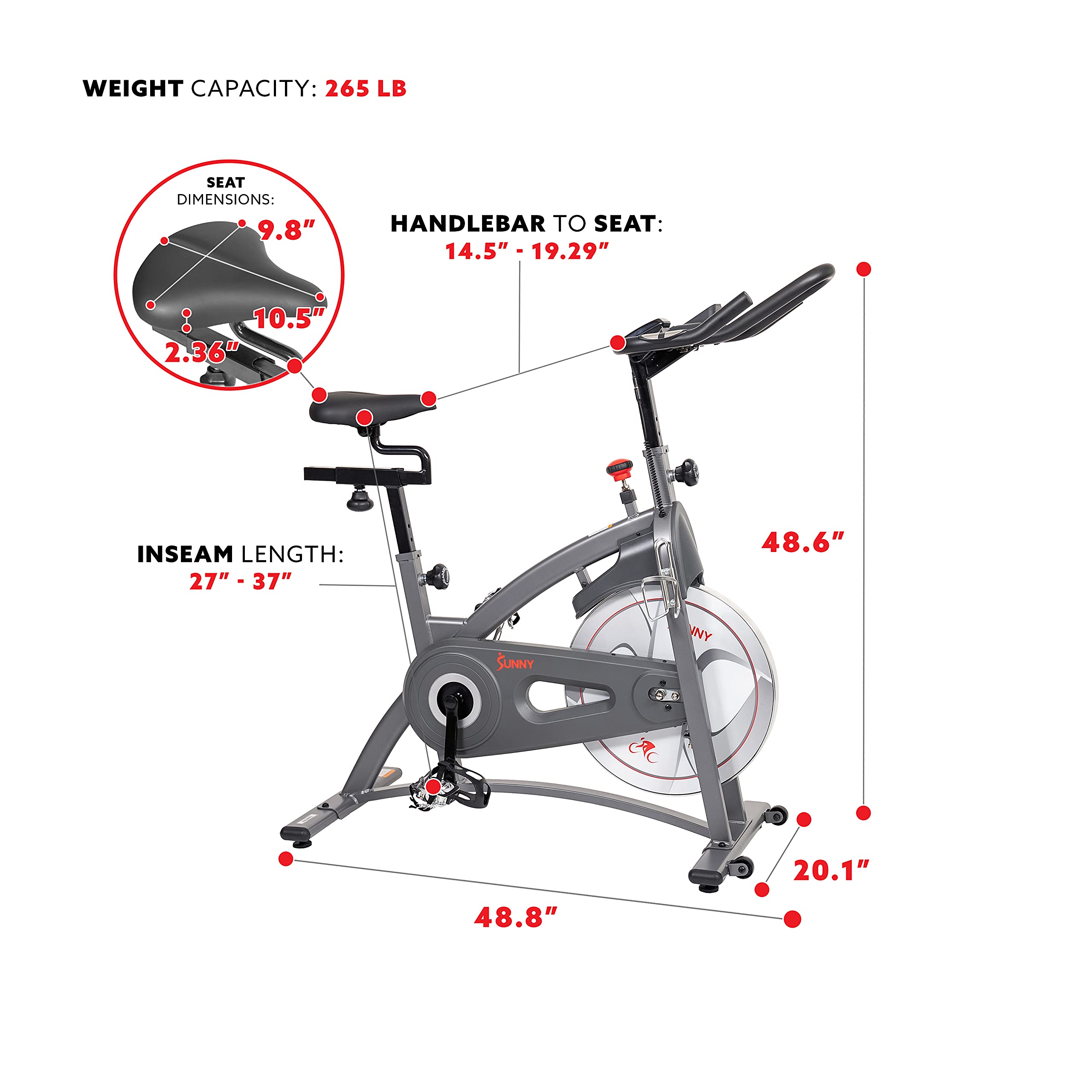 Sunny Health & Fitness Endurance Indoor Cycling Exercise Bike with Magnetic Resistance and Optional Exclusive SunnyFit™ App and Smart Bluetooth Connectivity, 265 LB Weight Capacity