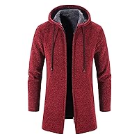 Men Long Open Front Cardigan Sweater Full Zip Knitted Hoodie Jacket Longline Hooded Cardigans Sweaters with Pockets (Red Wine,Large)