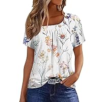 Summer Tops for Women 2024 Casual Short Sleeve Crewneck Button Neck Geometric & Floral Printed Tops Pullover S-3XL