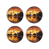 Tahiti Resort Sunset Peel Leather Coasters Set of 4 Waterproof Heat-Resistant Drink Coasters Round Shape Cup Mat for Living Room Kitchen Bar Coffee Decor