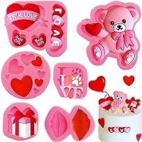 6 Pcs Mother's Day Fondant Molds Wedding Fondant Cake Molds Bear Heart Love Lips Gift Shape Candy Silicone Molds Chocolate Mould for Cake Topper Polymer Clay Soap Wax Making Party Supplies