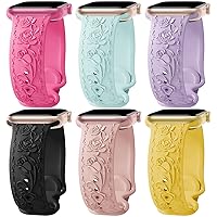 6 Pack Floral Engraved Band Compatible with Apple Watch Band 40mm 41mm 38mm 42mm 44mm 45mm 49mm Women, Cute Embossed Soft Silicone Flower Strap for iWatch Band Series SE Ultra 9 8 7 6 5 4 3 2 1