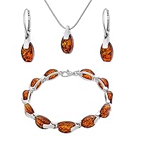 AMBEDORA Large Women's Jewellery Set Amber 015, Polished Sterling Silver, Baltic Amber in Cognac Colour, Silver Bracelet, Pendant on Chain and Earrings