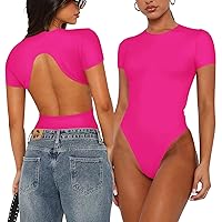 REORIA Womens Sexy Backless Body suit Double Lined Crew Neck Short Sleeve Going Out Bodysuits Tops