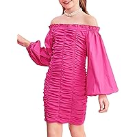 WDIRARA Girl's Ruched Off Shoulder Frill Trim Bishop Long Sleeve Pencil Party Dress