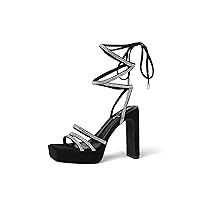vivianly Women's Lace Up Platform Chunky Heel Sandals Suede Strappy Ankle Wrap Rhinestone Heels for Wedding Work Party Dress