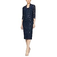 S.L. Fashions Women's Tea Length Sequin Lace Special Occasion Dress with Illusion Sleeve Jacket (Petite and Regular Sizes)