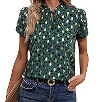Summer Blouse Women Tops Gold Dot Print Sleeve Shirt and Elegant Casual All Over Tie Neck Female Clothing
