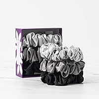 Mulberry Park Silks 100% Pure Silk Hair Scrunchies, 3 Pack - Prevents Frizz, Hair Breakage, Gentle On All Hair Types, OEKO-TEX Certified, Hair Accessories - Large (Black/Silver/Gunmetal)