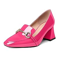 Eldof Women's Block Heels Loafers Women Shoes with Chain Closed Square Toe Slip on Heels 2.5 Inches for Casual Work Daily Life Party