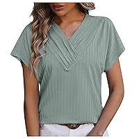 V-Neck Shirts for Women Ruched Tee Top Summer Casual Dressy Loose T-Shirt Country Concert Party Shirt Comfy Tunic Tops