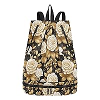Golden Black Roses Drawstring Backpack Bag for Women Men Sports Gym Bag with Wet & Dry Compartments Durable Gym Bag Great for Traveling Fishing Climbing Camping