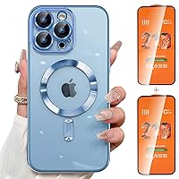 for iPhone 13 Pro Case Magsafe, Magnetic Clear Phone Case with Screen Protector and Camera Cover, Transparent Electroplated Case for Women/Girl/Men (Blue)