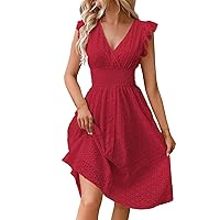 Summer Dresses for Women 2024 Trendy, Womens Eyelet Lace V Neck Sundress Ruffle Sleeve Boho Elastic Dress, S, XL
