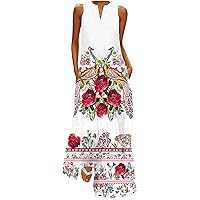 Prime of Day Deals Today 2024 Vacation Dresses for Women 2024 Boho Floral Printed Maxi Dress V Neck Sleeveless Vintage Flowy Beach Dress with Pocket Robe Femme Pink