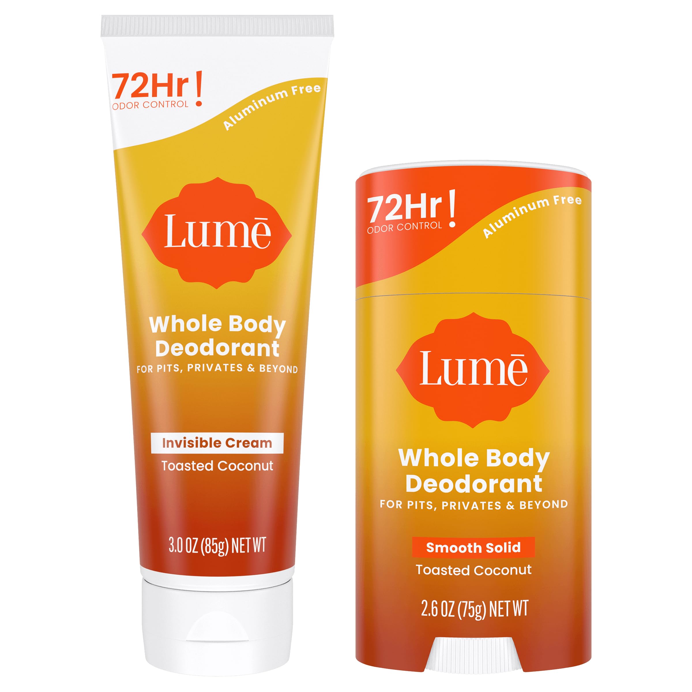 Lume Whole Body Deodorant - Invisible Cream Tube and Solid Stick - 72 Hour Odor Control - Aluminum Free, Baking Soda Free, Skin Safe - 3.0 Ounce Tube and 2.6 Ounce Solid Stick Bundle (Toasted Coconut)
