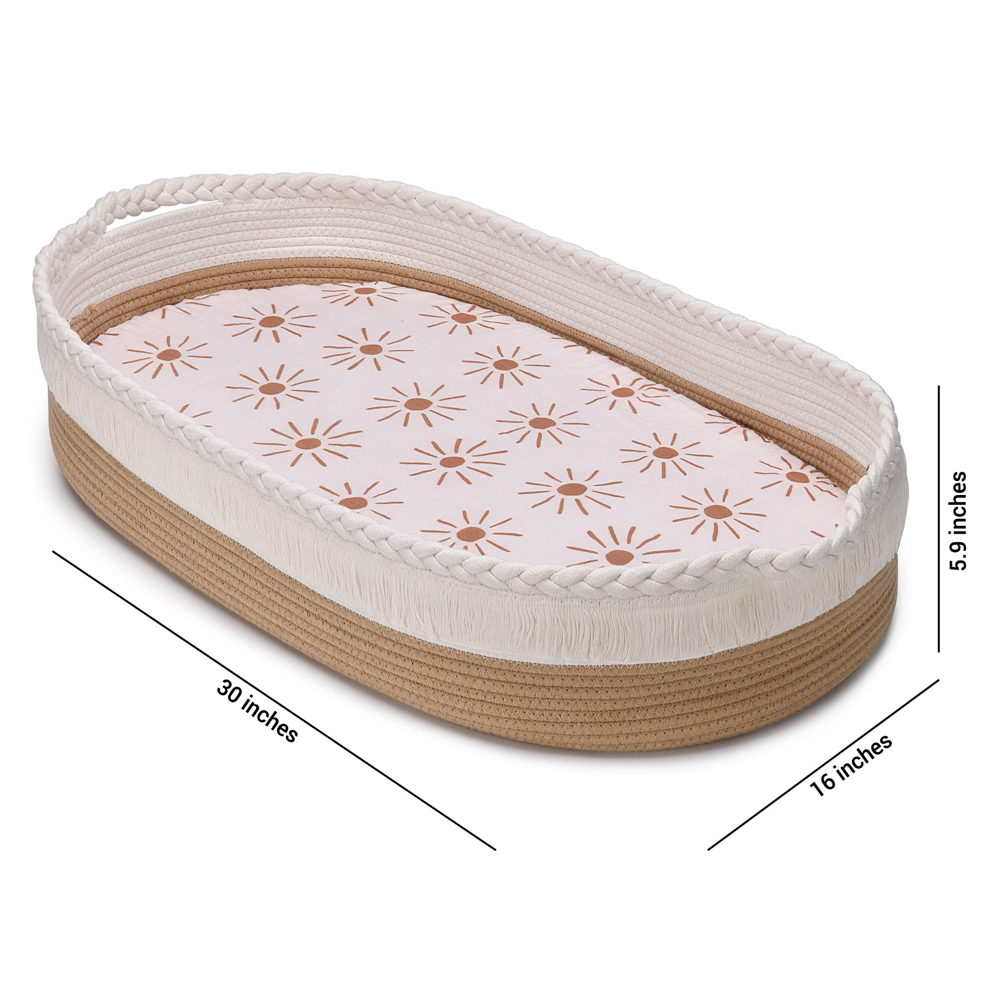 Baby Changing Basket - Handmade Cotton Rope Basket - Moses Table Topper – Includes Thick Foam Pad, Removable Waterproof Mattress Cover and Gender-Neutral Muslin Sheet - Diaper Changing Station