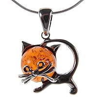 BALTIC AMBER AND STERLING SILVER 925 CAT KITTEN ANIMAL PENDANT NECKLACE - 10 12 14 16 18 20 22 24 26 28 30 32 34 36 38 40
