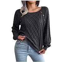 Button Trim Sweaters for Women Cable Knit Crewneck Pullover Tops Casual Long Sleeve Fitted Fashion Fall Jumpers