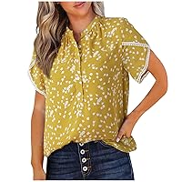 Boho Floral Print Summer Tops for Women Half Button Up V Neck Chiffon Work Blouses Petal Short Sleeve Bohemian Shirts