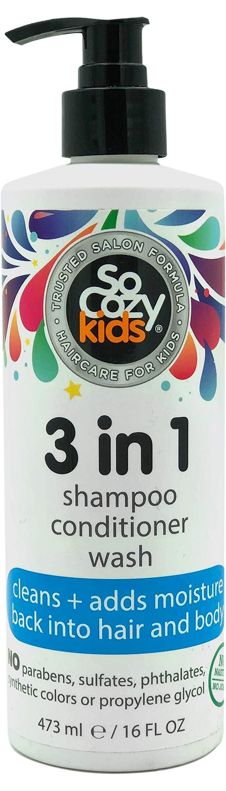 SoCozy 3in1 Shampoo + Conditioner + Body Wash For Kids Hair Cleans and Adds Moisture Back, Kiwi, 16 Fl Oz