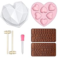 3D Diamond Heart Shape Silicone Cake Mold Tray with 6 Cavities Chocolate Mousse Baking Pan Non-stick Fondant Mold, Letter and Number Chocolate Molds & Wooden Hammers for Valentine Chocolate Making