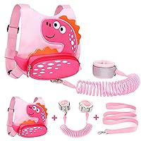 Toddler Leash Harness + Anti Lost Wrist Link, Accmor Cute Dinosaur Kids Harnesses with Leashes,3 in 1 Baby Walking Wristband Child Outdoor Anti-lsot Tether Rope Reins for Chidren Girls (Pink)