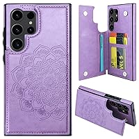 MMHUO for Samsung S24 Ultra Case with Card Holder,Flower Magnetic Back Flip Case for Samsung Galaxy S24 Ultra Wallet Case for Women,Protective Case Phone Case for Samsung Galaxy S24 Ultra 5G,Purple