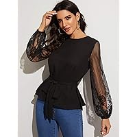 Womens Summer Tops Sheer Lace Lantern Sleeve Belted Top (Color : Black, Size : X-Small)
