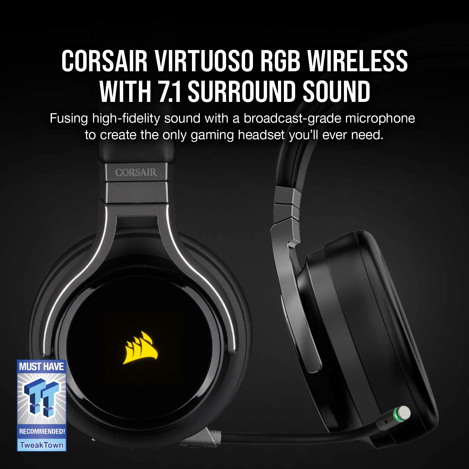 Corsair Virtuoso RGB Wireless Gaming Headset - High-Fidelity 7.1 Surround Sound w/Broadcast Quality Microphone - Memory Foam Earcups - 20 Hour Battery Life - Works with PC, PS4 – Carbon, Premium