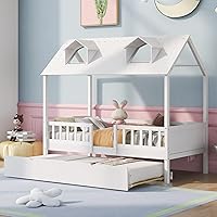 Twin Size House Bed Wood Bed with Twin Size Trundle, Wood Sofa Bed Frame with Roof and Safety Fence, Platform Bed for Kids Toddlers Boys Girls, Playhouse Design, No Need Box Springs, White