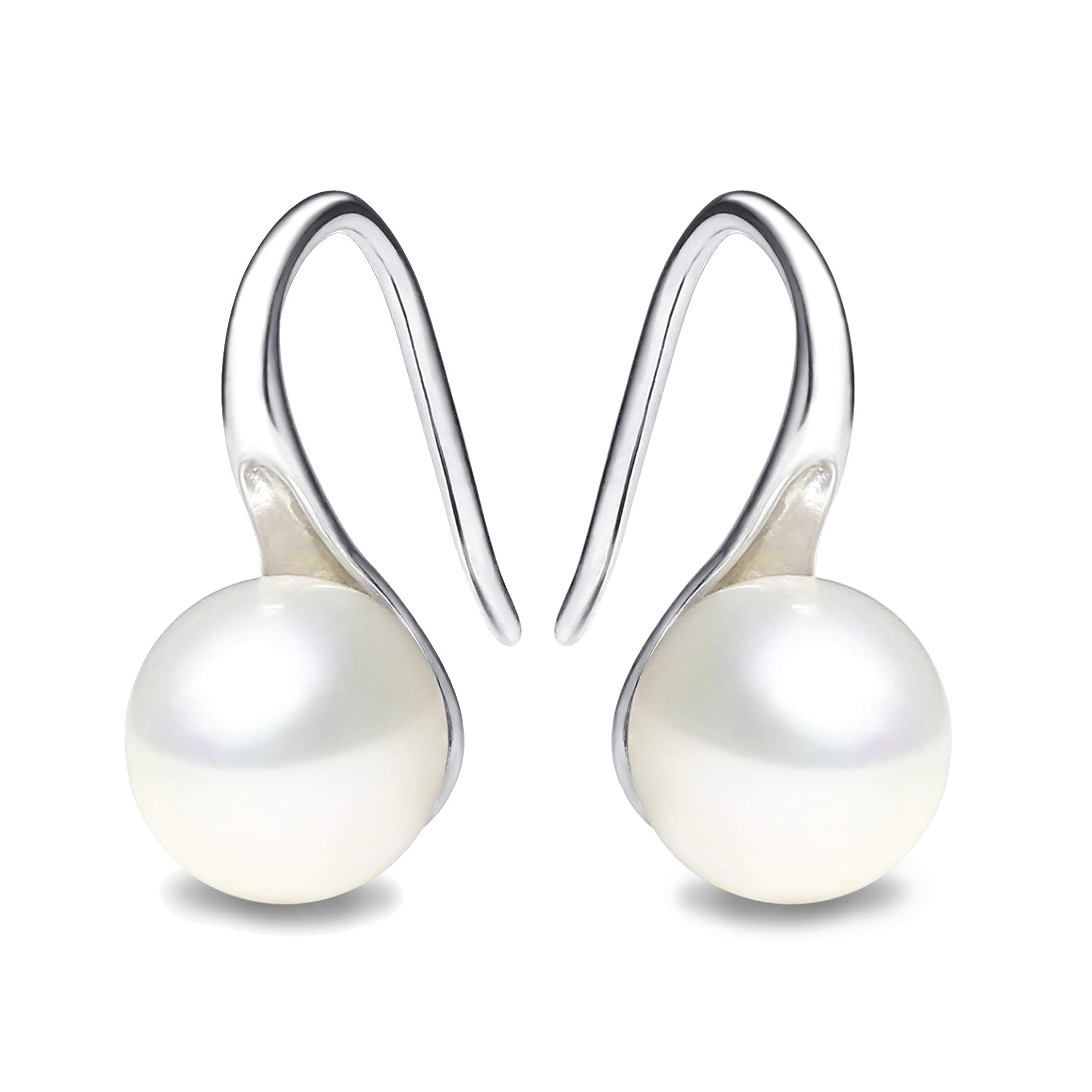 925 Sterling Silver Hoop Handpicked AAA+ Quality 7.5-8mm White Freshwater Cultured Pearl Dangle Drop Earrings Jewelry for Women Girls
