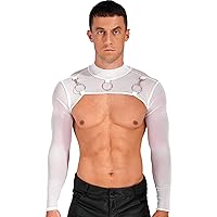 ACSUSS Men See-Through Mesh Stand Collar Tops Long Sleeve T-Shirt O-Ring Decor Half Crop Top