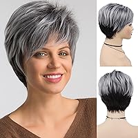 SCENTW Pixie Cut Wig Silver Grey Wigs Short Straight Layered Slight Wavy Wig with Bangs Dark Gray with White Synthetic Wigs for Daily Party Costume Use