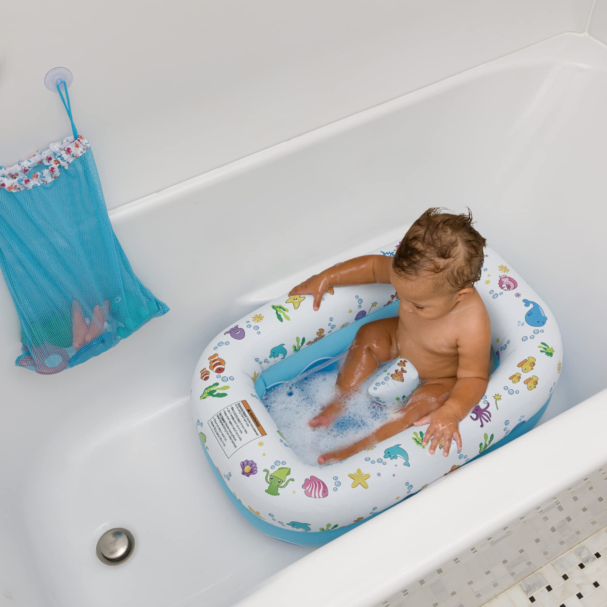 Mommy's Helper Inflatable Bathtub for Baby & Toddler; Saddle Horn Baby Bath Seat Keeps Baby from Sliding; Whimsical Ocean Design Makes Toddler Bath time Fun; Recommended Age 6 to 24 Months