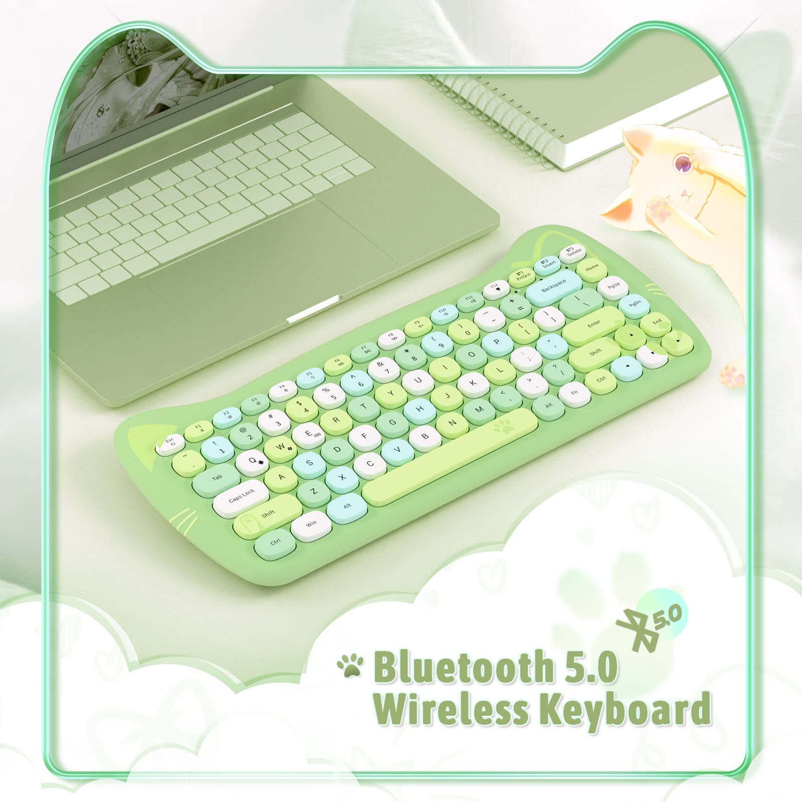 SELORSS Kawaii Wireless Bluetooth Cute Cat Keyboard,Mini Portable 84-Key Retro Round Keycaps,Quiet Click for Typewriter, Home and Office,Compatible with PC/Mac/Notebook/Laptop/Ipad Air(Green Colorful)