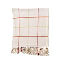 Creative Co-Op Cotton Flannel Throw with Grid Pattern and Fringe, Cream, Sienna and Celery