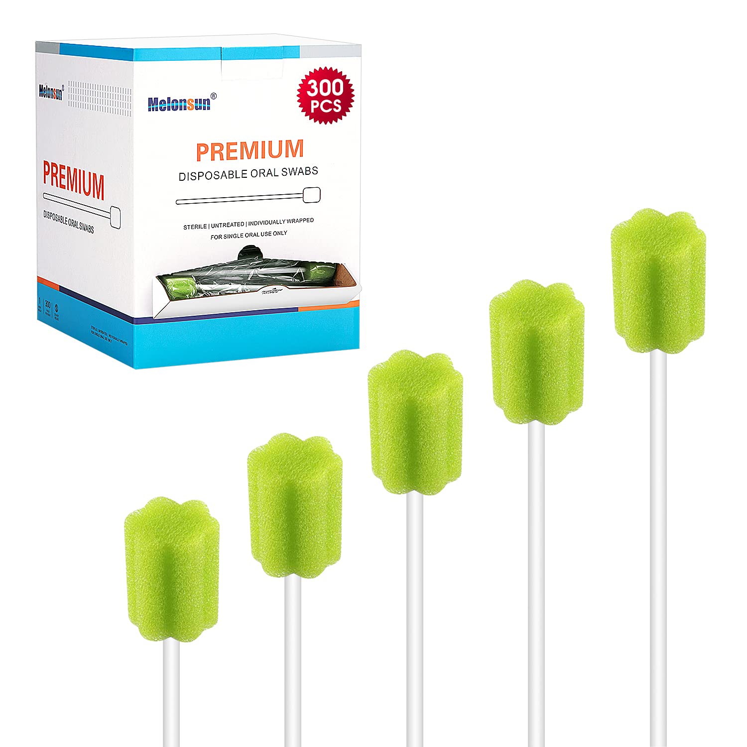 300 Pcs Oral Swabs-Unflavored & Sterile Disposable Dental Swabsticks for Mouth Cleaning- Individually Wrapped (Green)