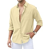 Men's Loose-Fit Long-Sleeve Untucked Cotton Linen Business Casual Button Down Shirt with Pocket