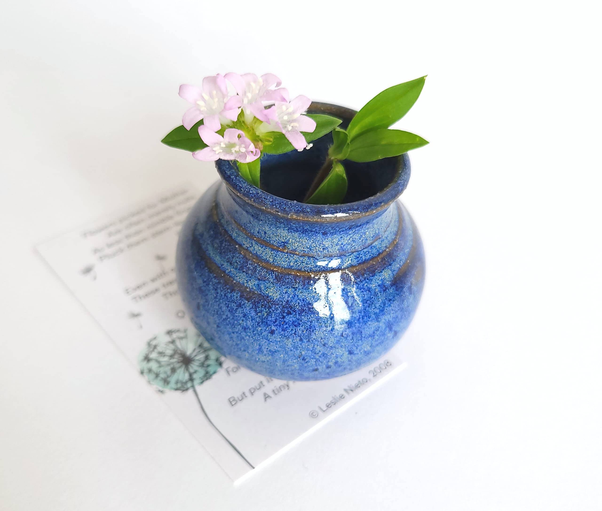 Unique Hand Made Pottery Vase w Poetry Card - Cute Country Farmhouse Style Mini Flower Pot - Gifts for Moms Rustic Home Blue