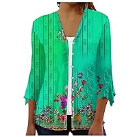 Cardigan for Women 2024 Button Down V Neck Shirts 3/4 Length Sleeve Top Loose Fit 4th of July Printed Blouses