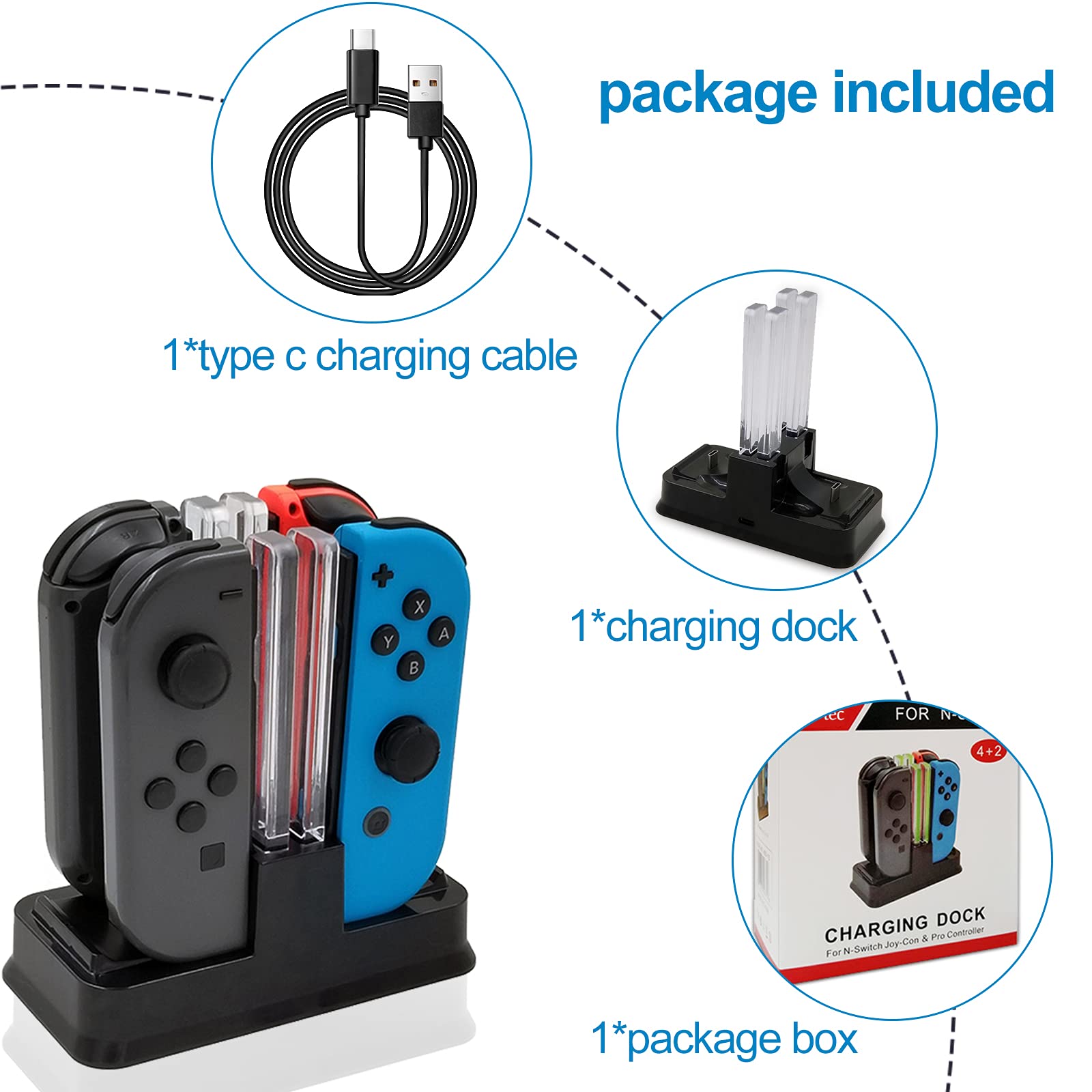 Controller Charger for Nintendo Switch, 4 in 1 Charging Dock Station Support 4 Joycon or 2 Pro Controllers to Charge simultaneously, with LED Charging ndicator and Type C Charging Cable