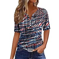 4Th of July Tops for Women American Flag Print Button Down V- Neck Short Sleeve Star Striped Regular Shirts