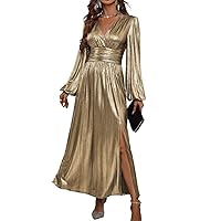 Dresses for Women 2024 Textured Lantern Sleeve Slit Hem Dress Fashion Midi Long Dress