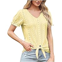 Short Sleeve Womens Tops Summer Loose V-Neck Eyelet Embroidery T-Shirts Dressy Casual Ruffle Sleeve Tunic Blouses