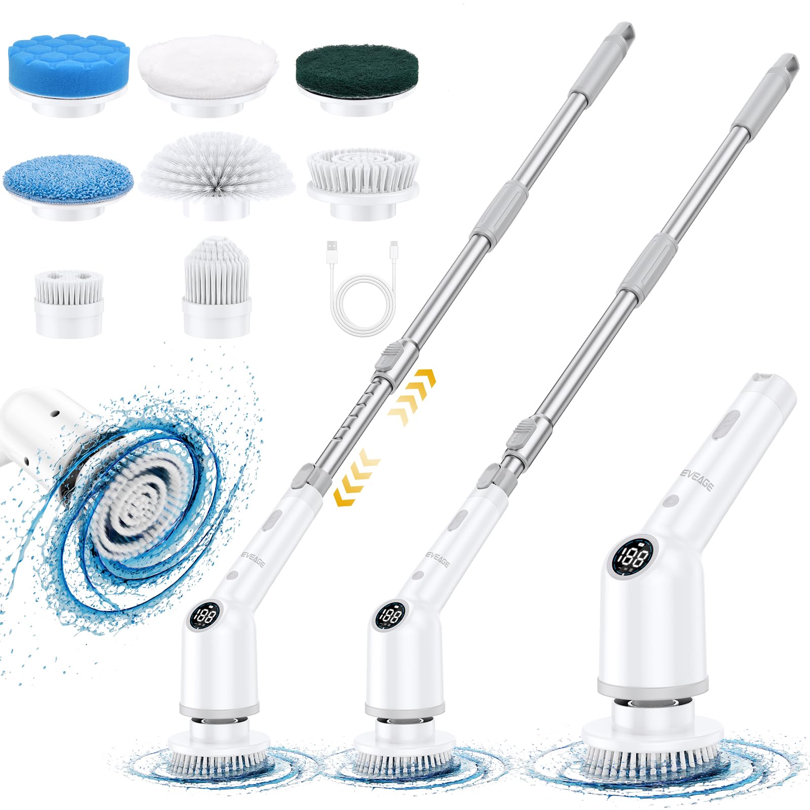 EVEAGE Electric Spin Scrubber, 2024 New Cordless Shower Scrubber, 9 Replacement Heads,Shower Cleaning Brush with 3 Adjustable Speeds and Adjustable Extension Handle,Power Shower Scrubber,Long