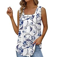 Tank Tops for Women Loose Fit Pleated Square Neck Sleeveless Tops Curved Hem Flowy Blouses Women's Summer Tops