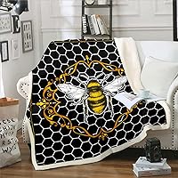 Cute Honey Bee Fleece Blanket Throw Size Kawaii Animal Sherpa Blanket Black and White Blanket Geometric Hexagon Honeycomb Throw Blanket for Bed Fluffy Microfiber Plush Blanket